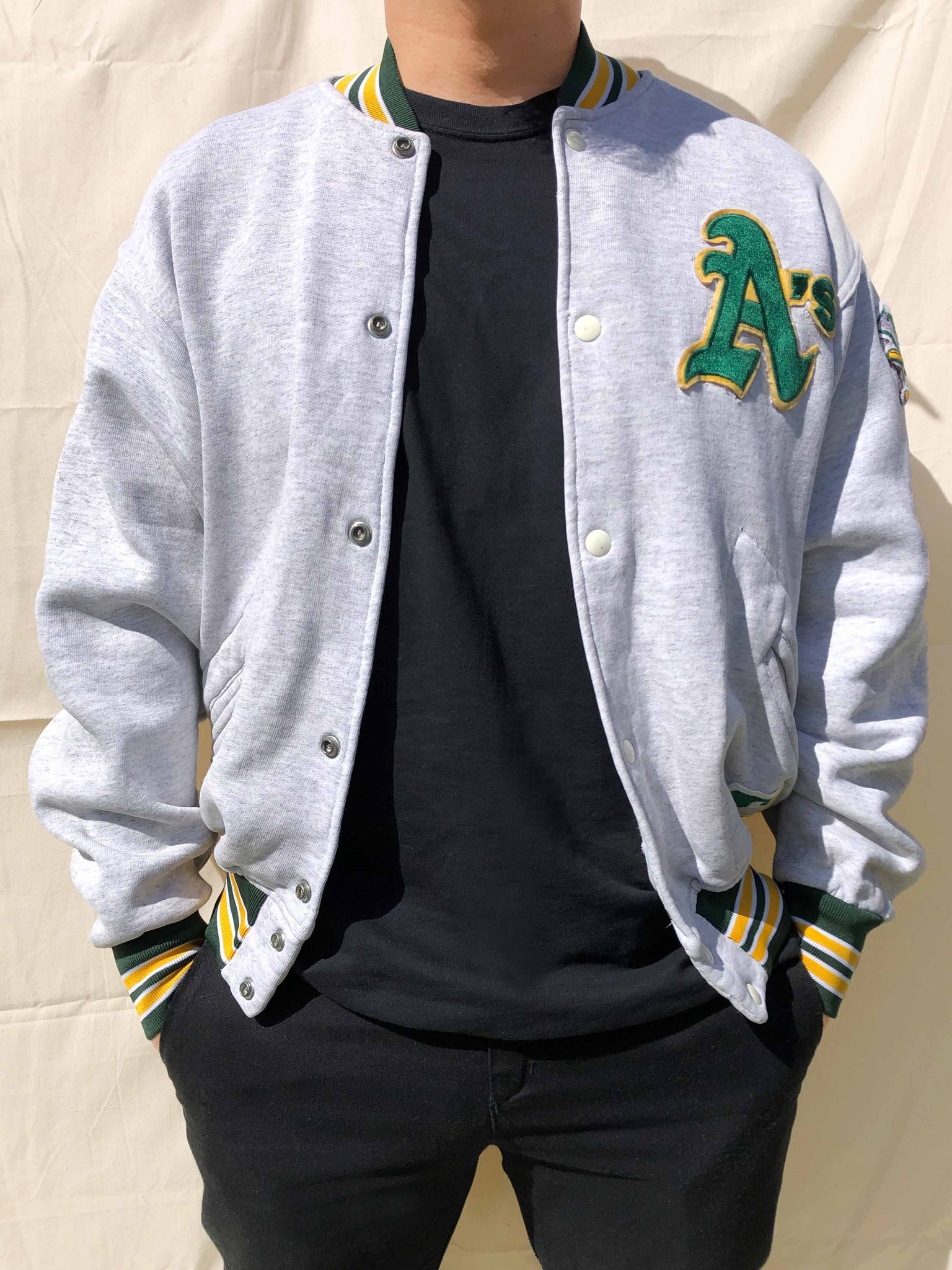 MLB Off White and Green Oakland Athletics Varsity Baseball Jacket