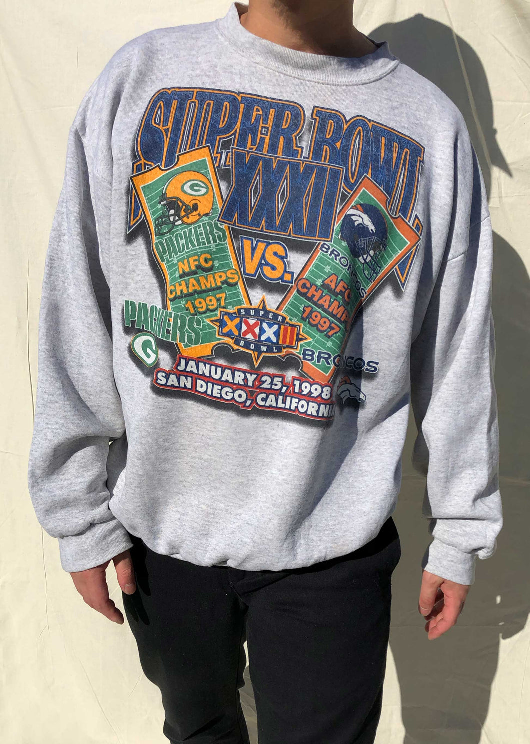 NFL '98 Packers Vs Broncos Super Bowl Sweater Grey (XL)