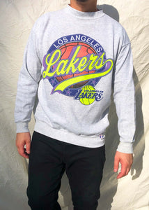Vintage Logo 7 90's NBA Los Angeles Lakers Neon Sweater Grey (XL)