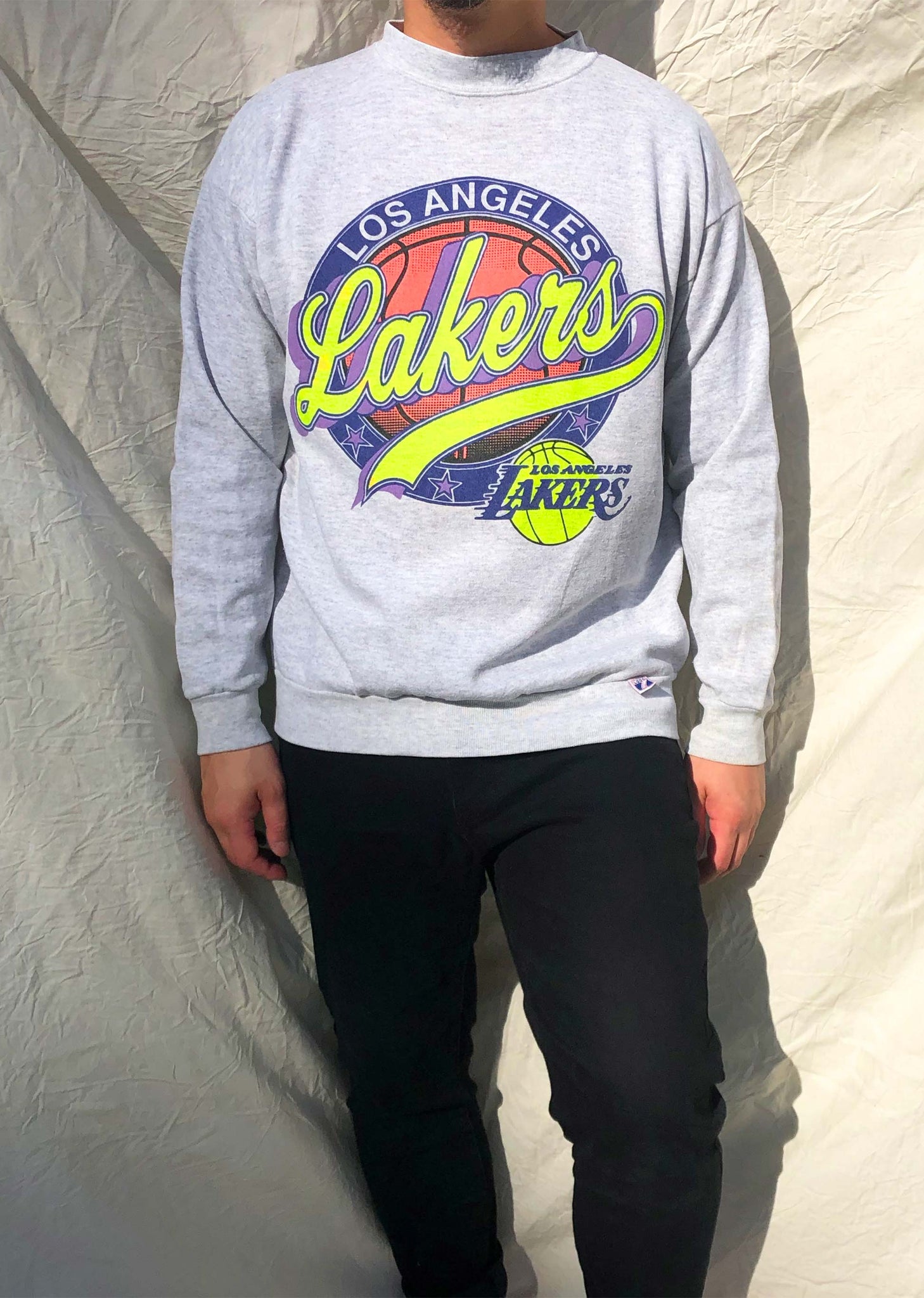 Vintage Logo 7 90's NBA Los Angeles Lakers Neon Sweater Grey (XL