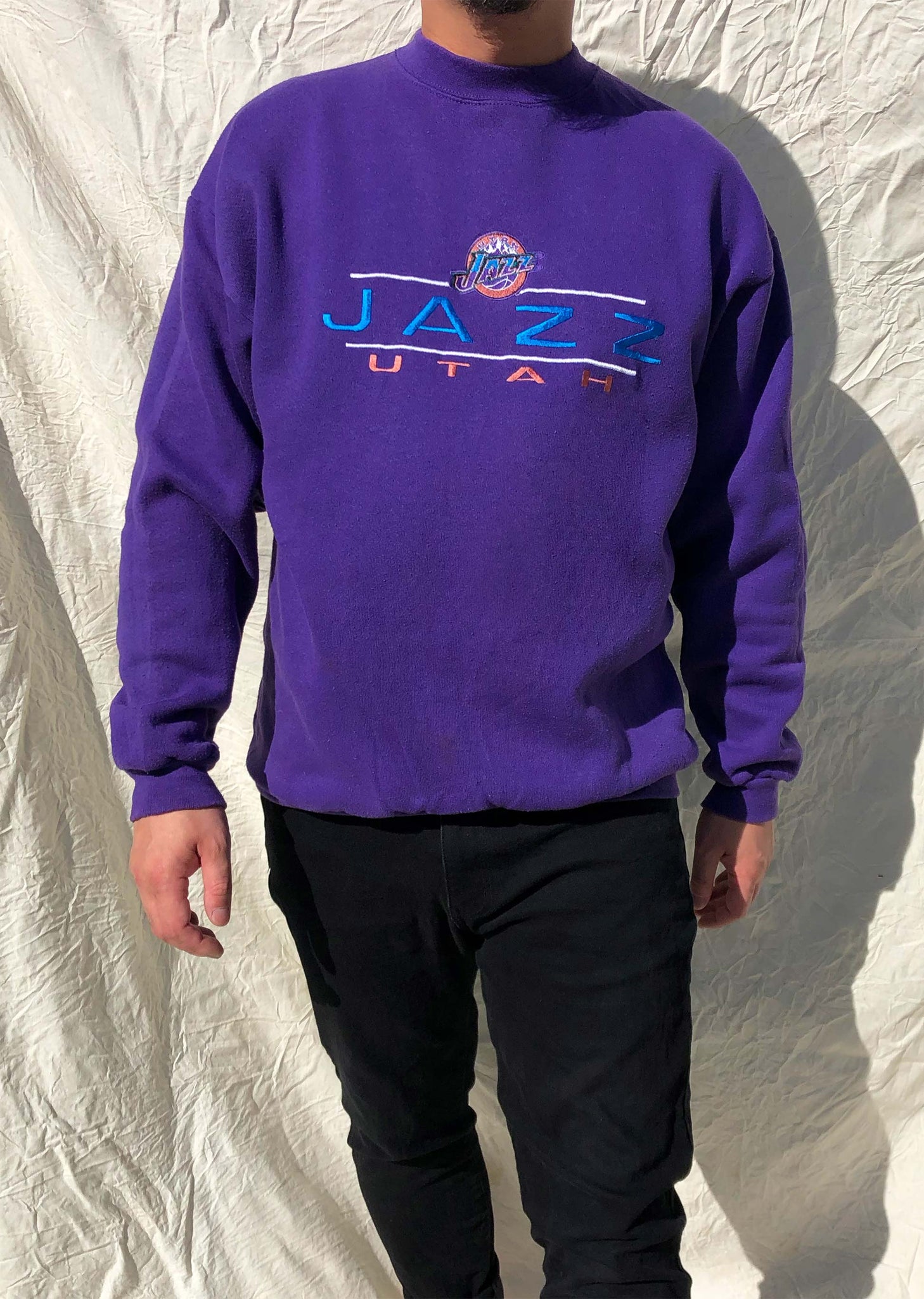 Vintage Logo 7 90 s NBA Utah Jazz Embroidered Sweater Purple L
