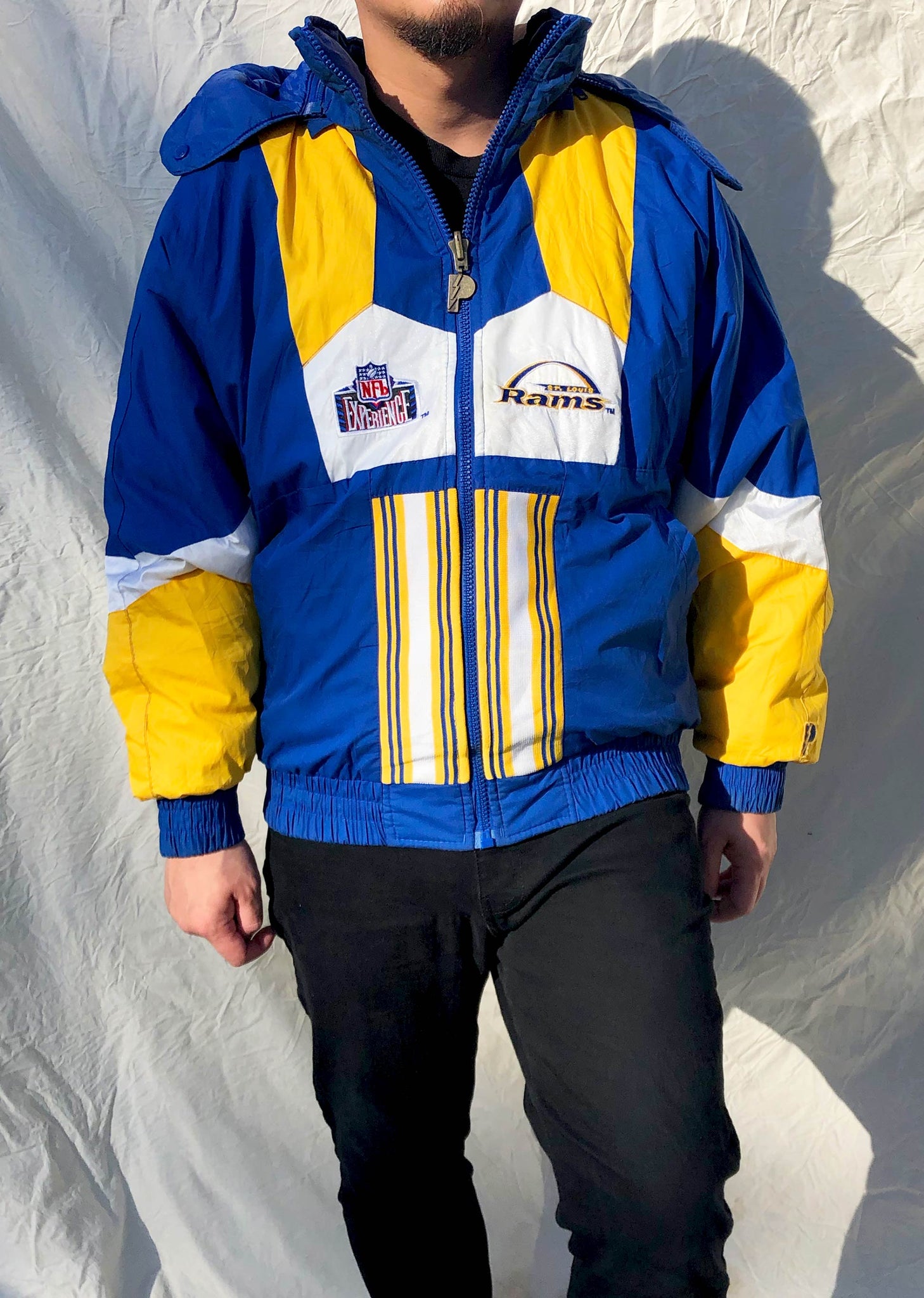 Vintage Pro Player 90 s NFL St Louis Rams Reversible Puffer Jacket Blu Chop Suey Official