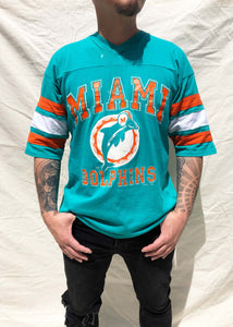 Vintage Logo 7 Miami Dolphins NFL V-neck Jersey T-Shirt Aqua (XL)