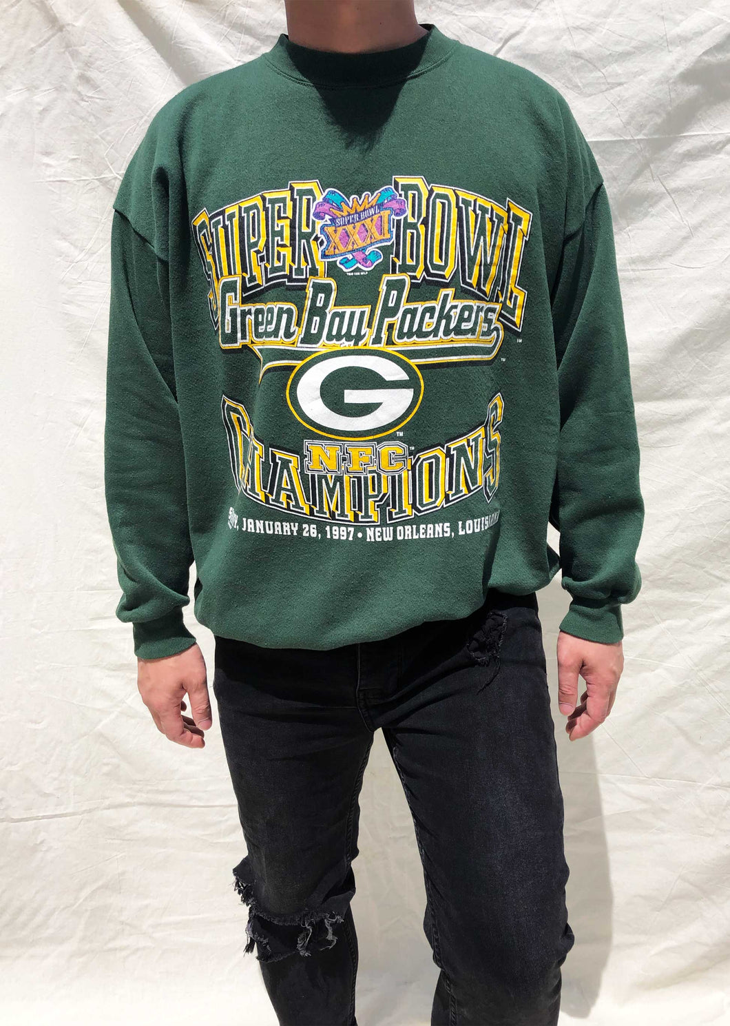 Vintage Logo 7 NFL Green Bay Packers Super Bowl Championship Sweater Green (XL)